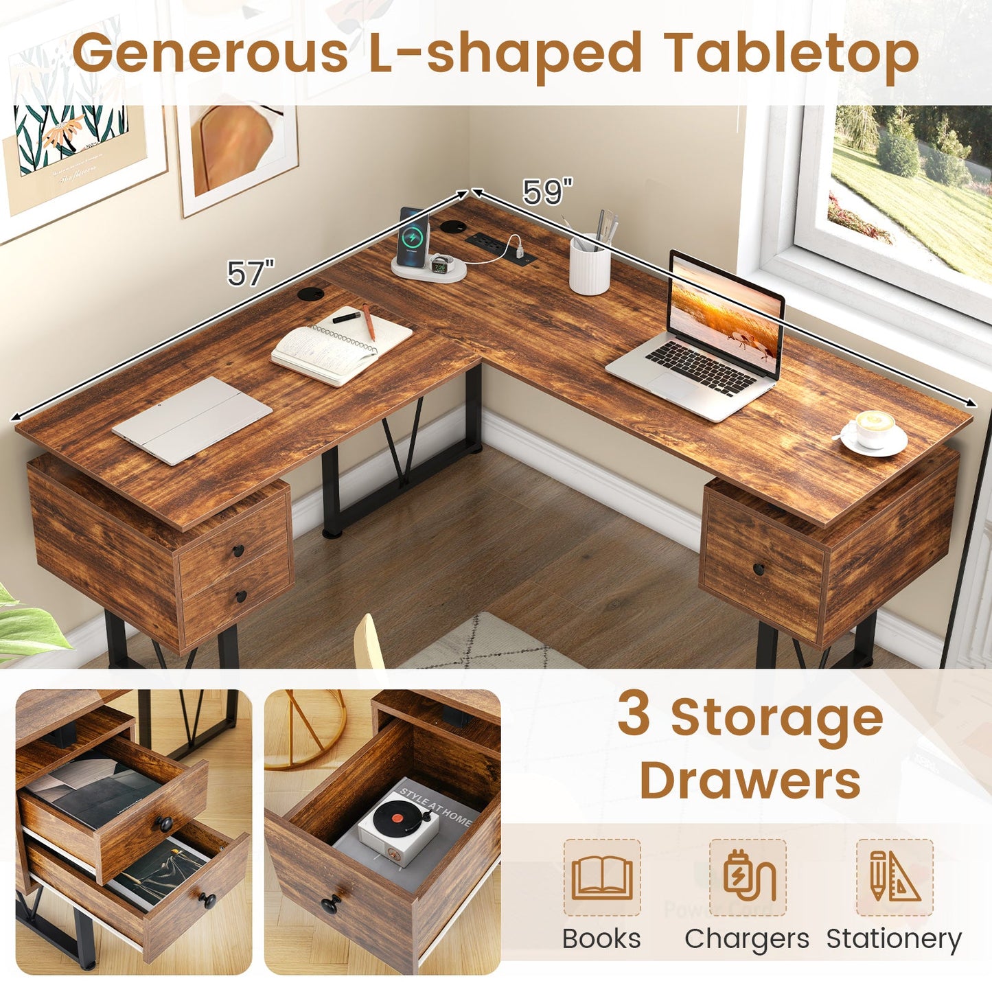 L-shaped Computer Desk with Power Outlets and 3 Storage Drawers-Rustic Brown