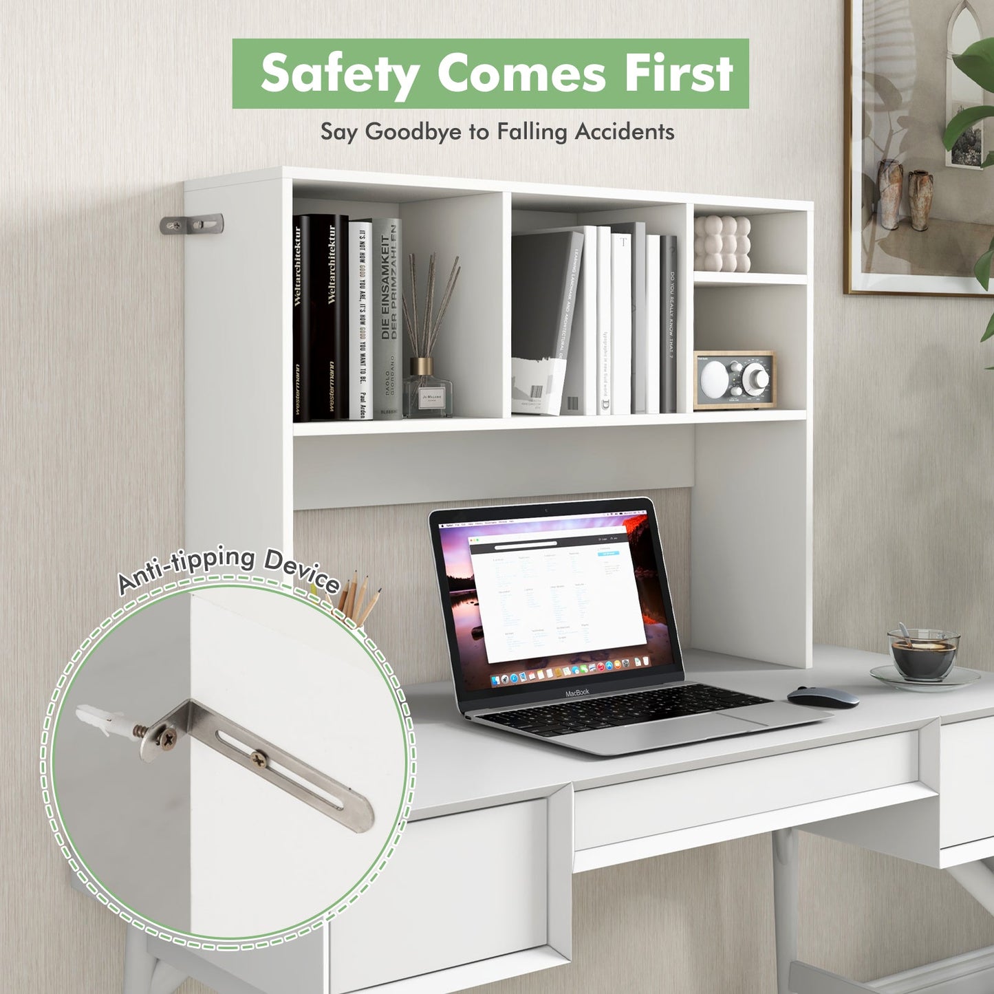 Computer Desktop Bookcase with 4 Cubbies and Open Back Compartment