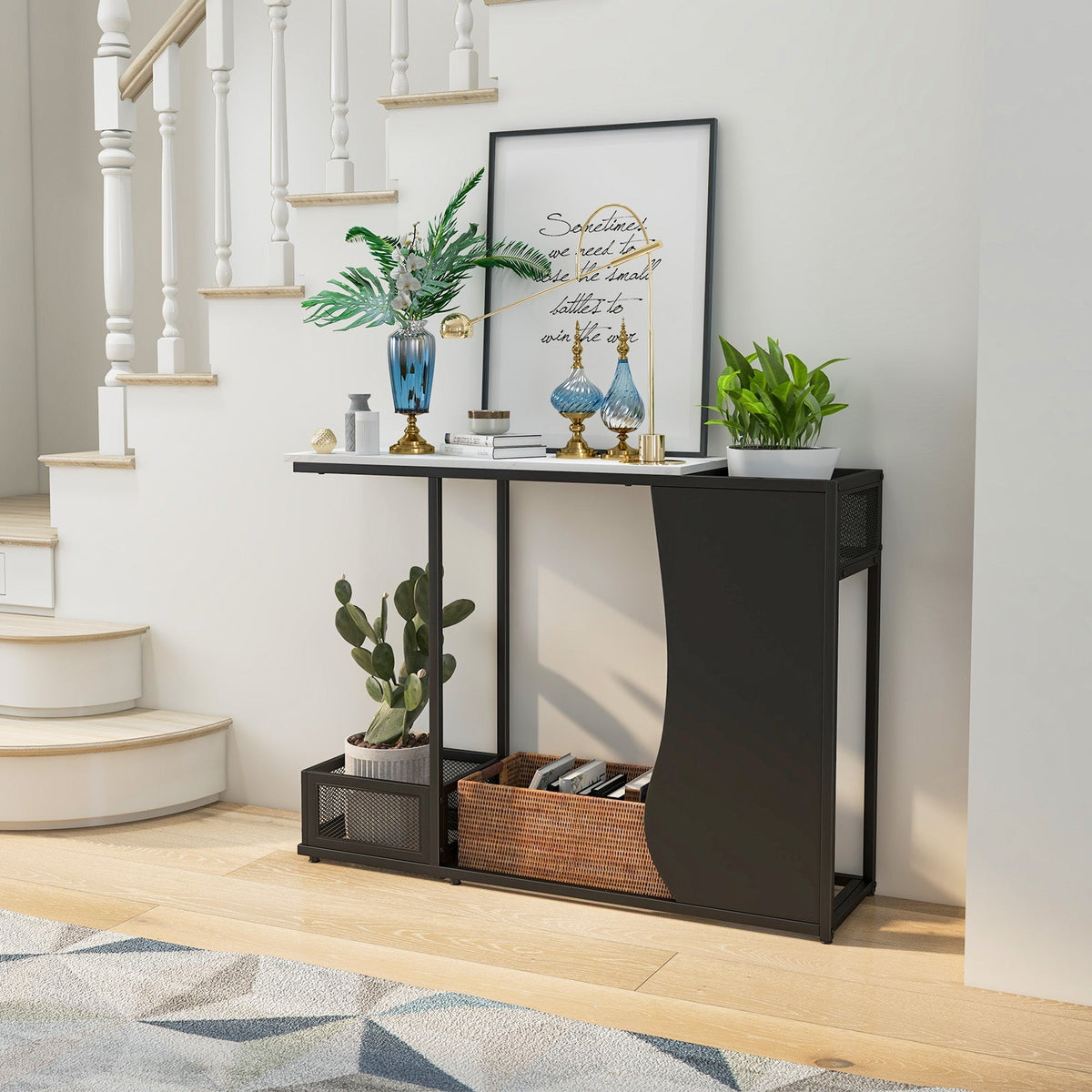 43.5 Inch Console Table with Plant Position and Faux Marble Top-Black