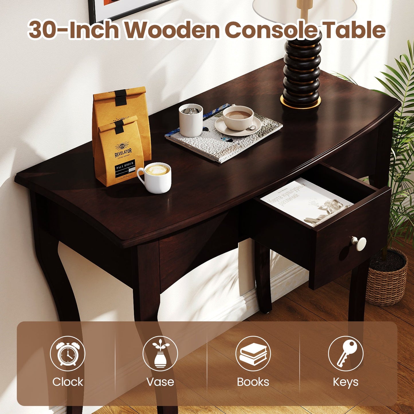 Console Table with Drawer and Solid Wood Frame-Espresso