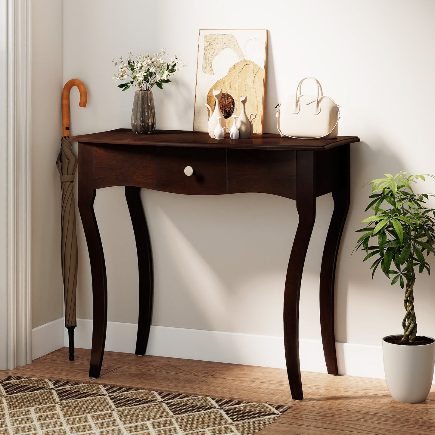 Console Table with Drawer and Solid Wood Frame-Espresso