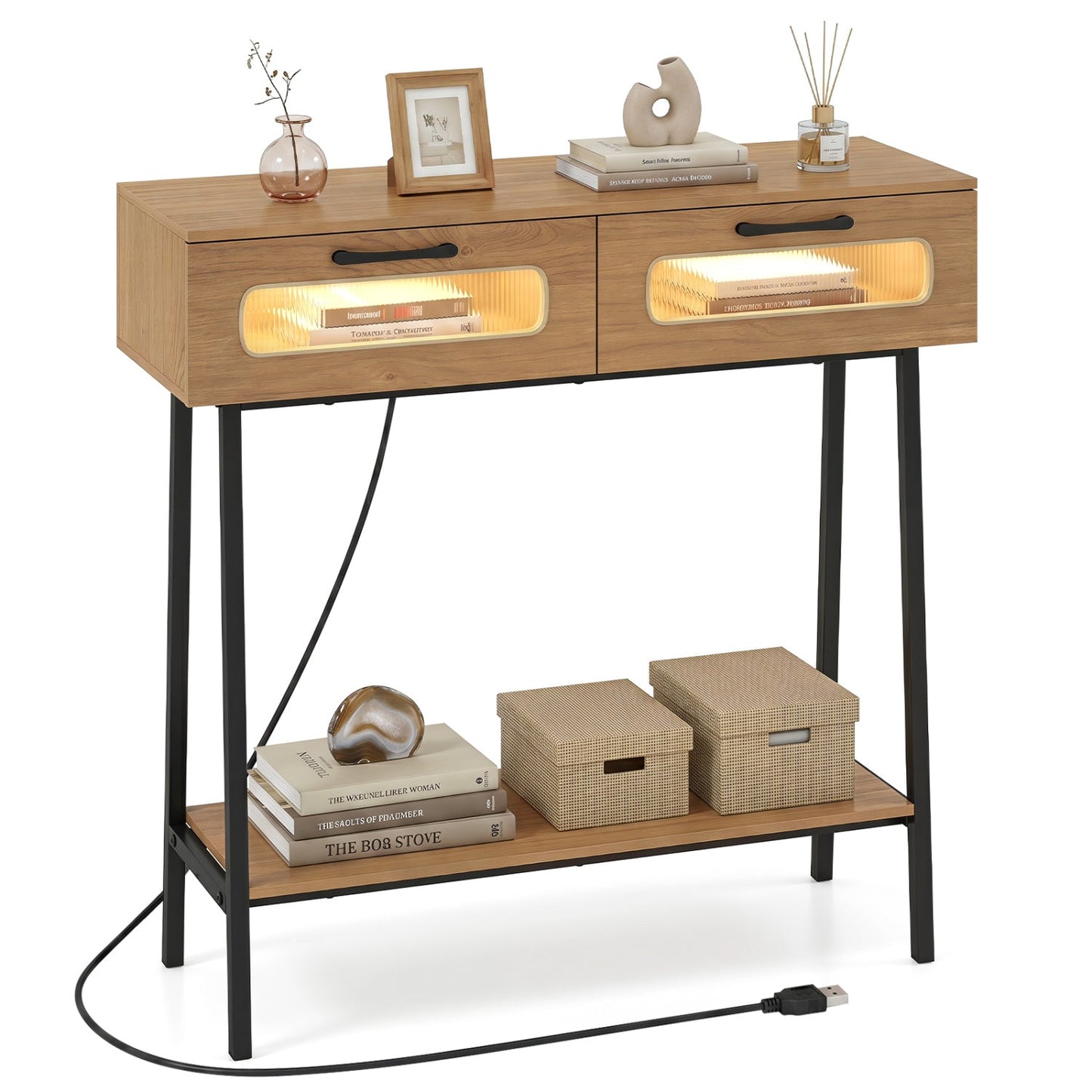 Console Table with LED Lights and Open Shelf - Natural