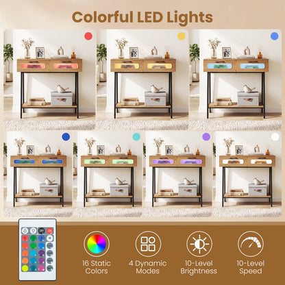 Console Table with LED Lights and Open Shelf - Natural
