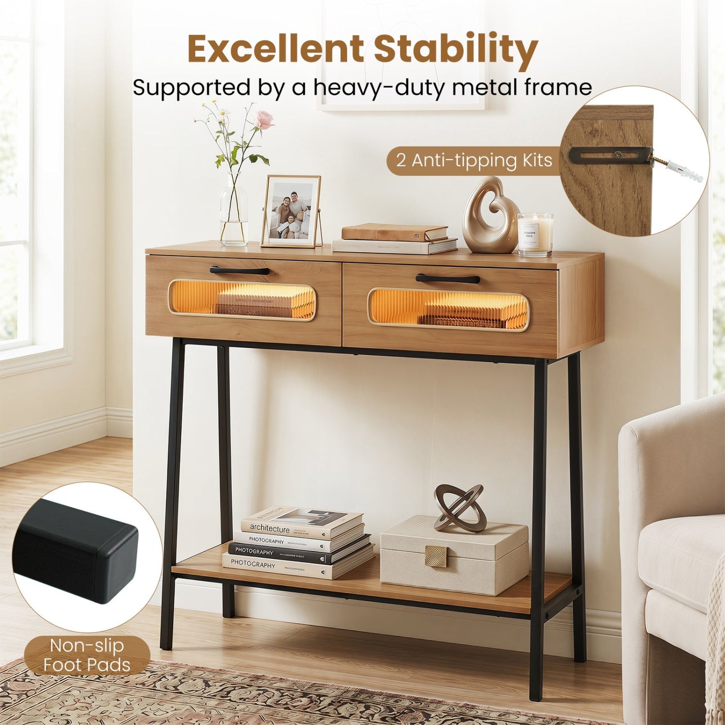 Console Table with LED Lights and Open Shelf - Natural
