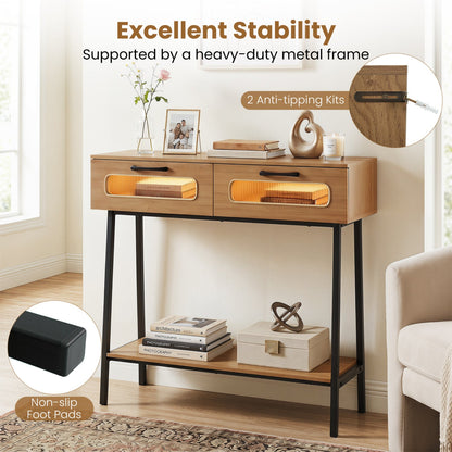 Console Table with LED Lights and Open Shelf - Natural