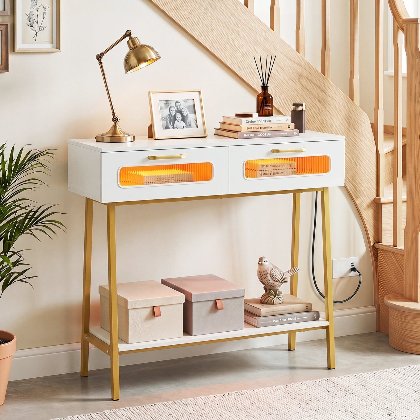 Console Table with LED Lights and Open Shelf - White & Gold