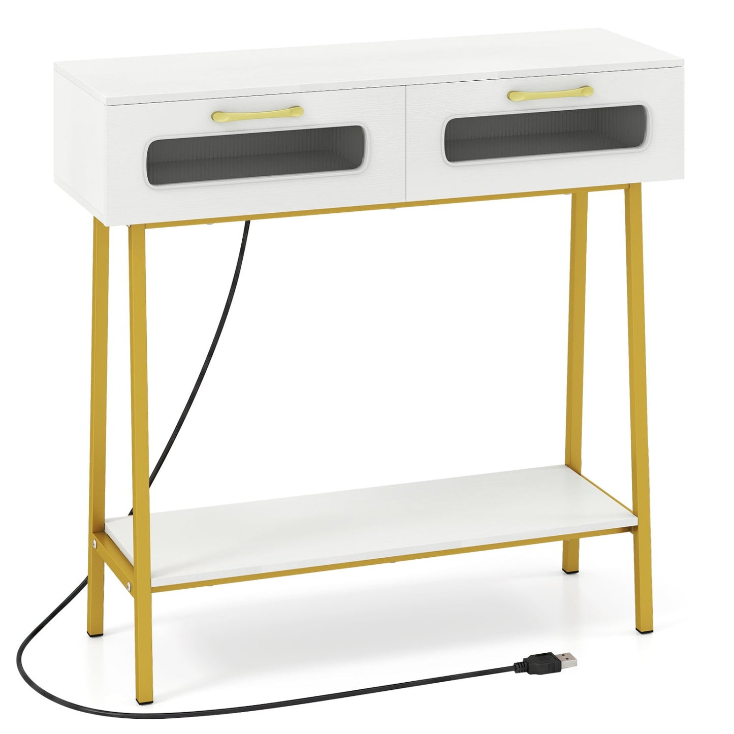 Console Table with LED Lights and Open Shelf - White & Gold