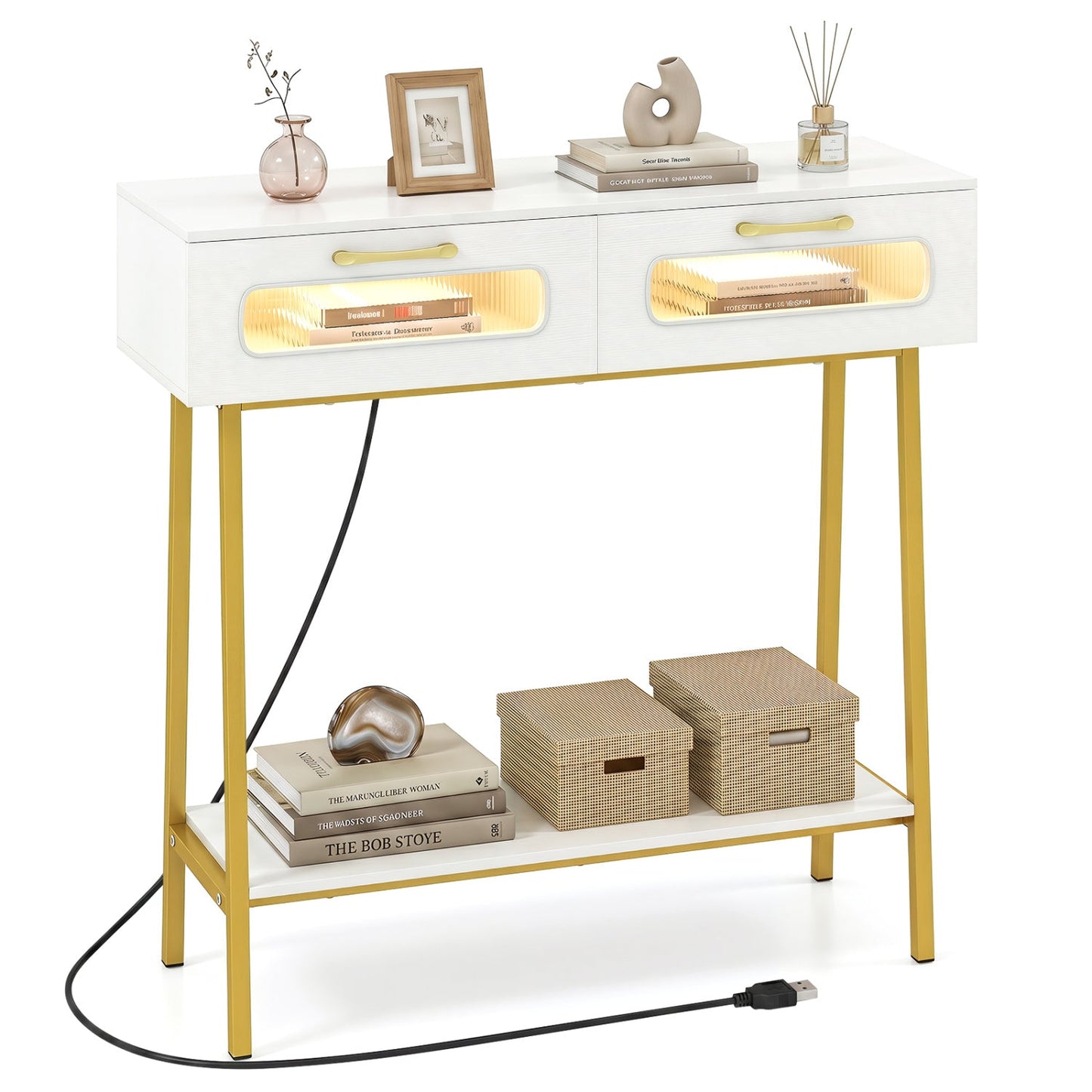 Console Table with LED Lights and Open Shelf - White & Gold