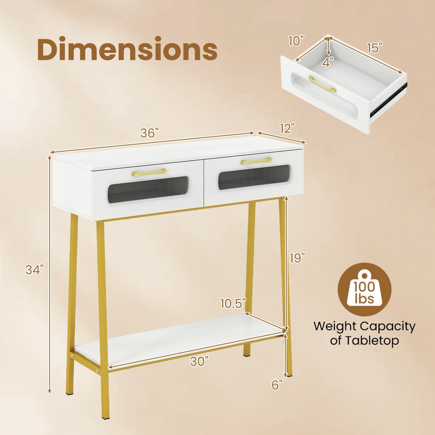 Console Table with LED Lights and Open Shelf - White & Gold