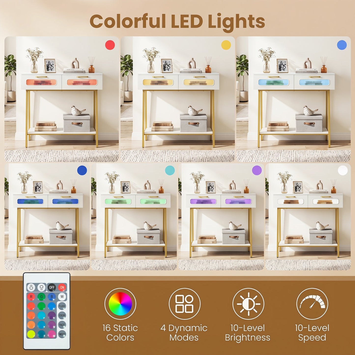 Console Table with LED Lights and Open Shelf - White & Gold