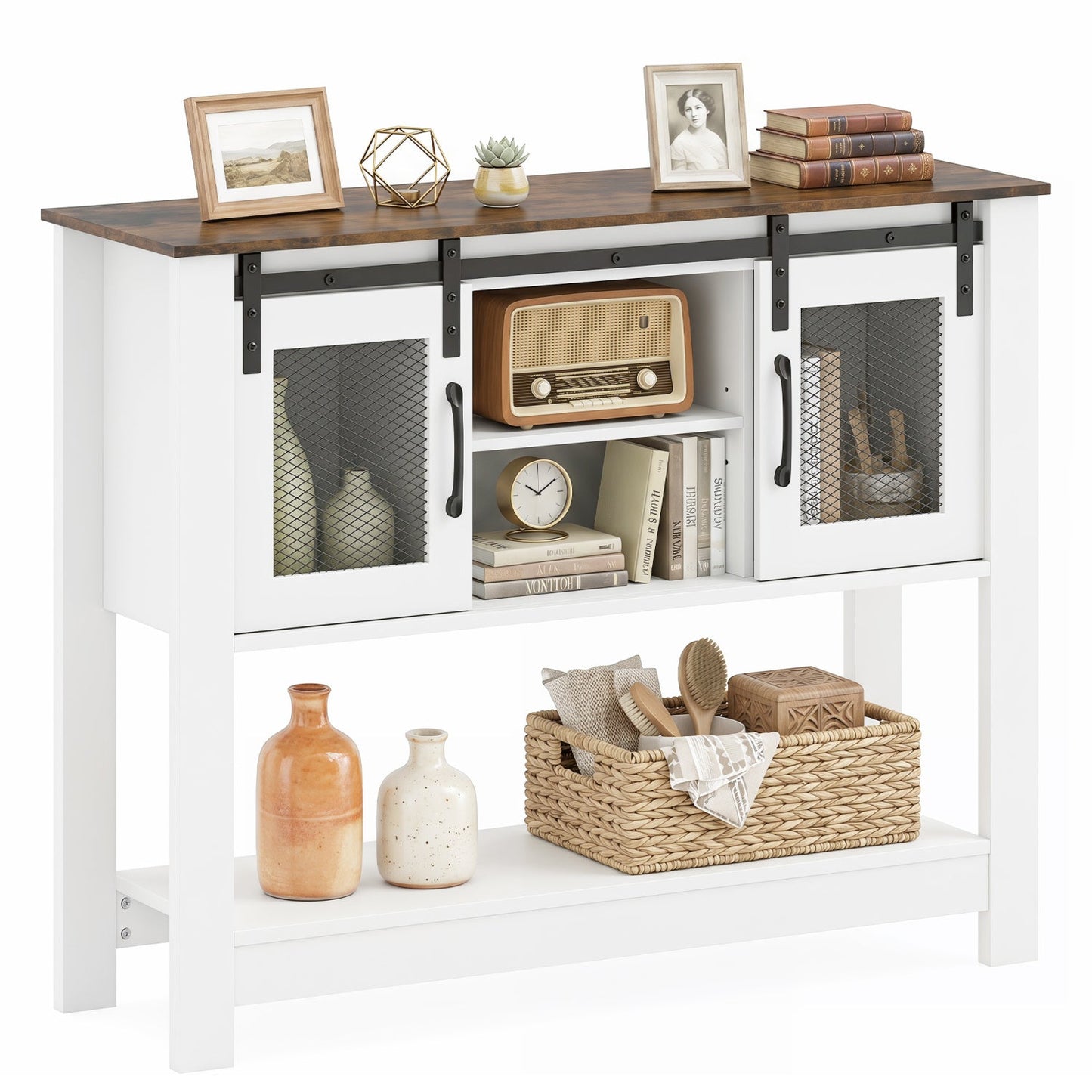 Console Table with Sliding Barn Doors and Storage Cabinets