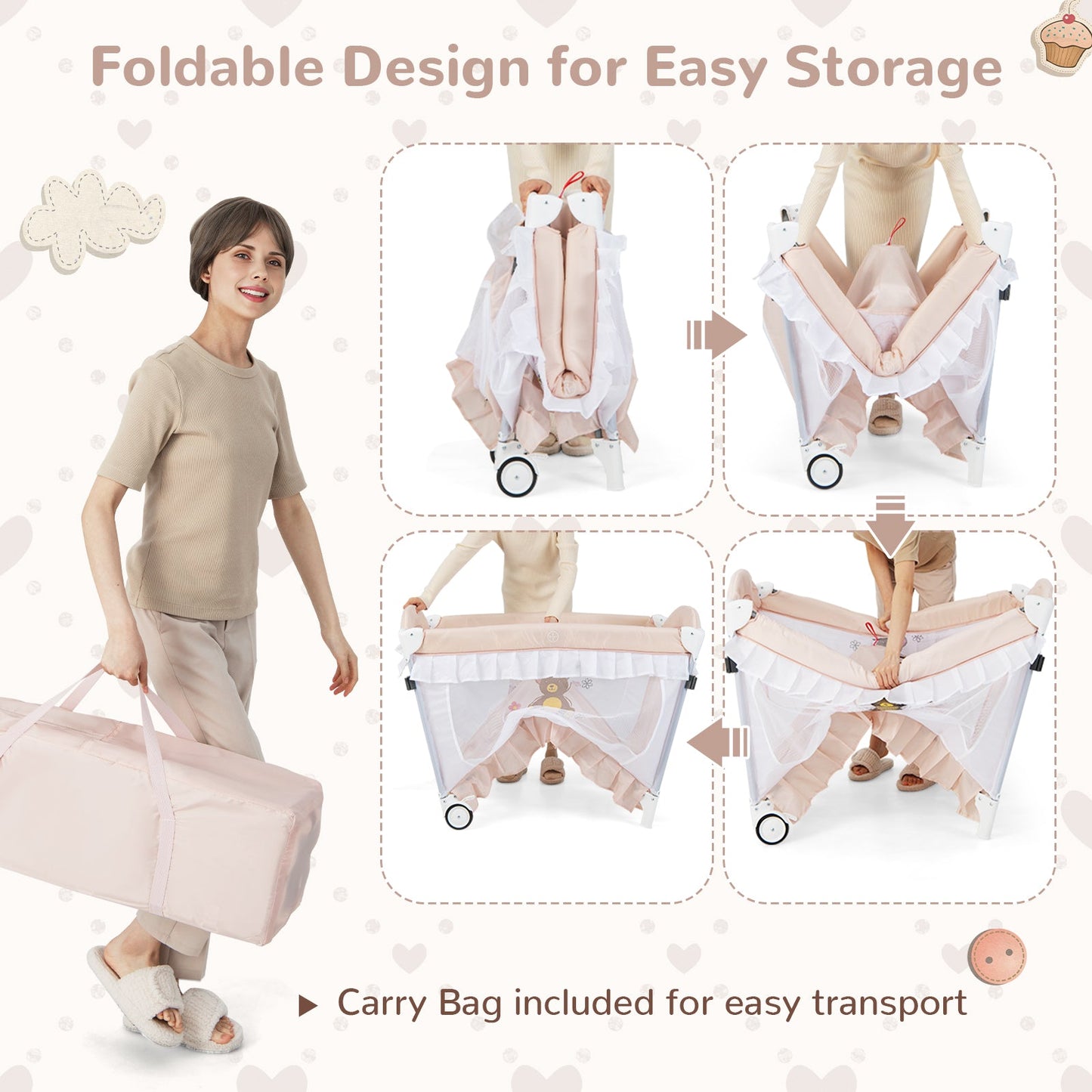Convertible Bassinet with Removable Changing Table and Detachable Mesh Net-Pink