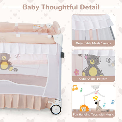 Convertible Bassinet with Removable Changing Table and Detachable Mesh Net-Pink