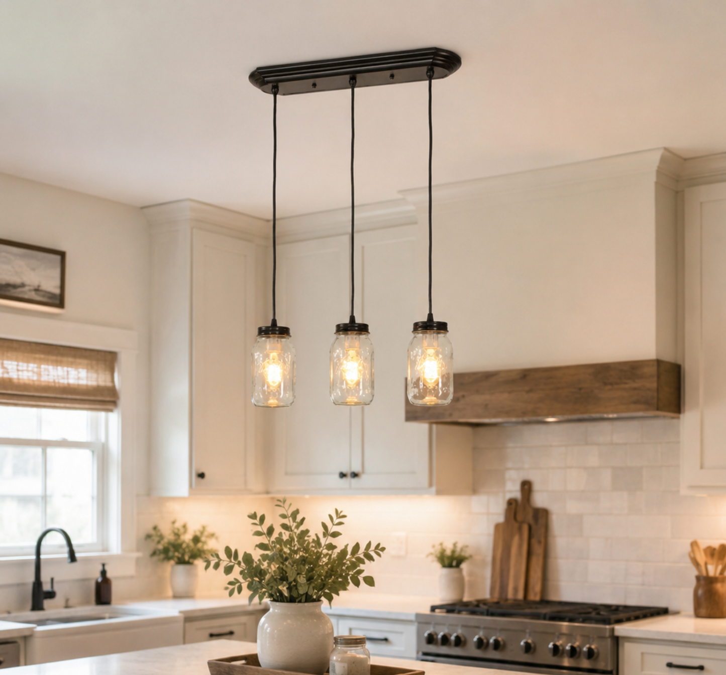 Mason Jar CHANDELIER Pendant Trio Rectangular with NEW Quart