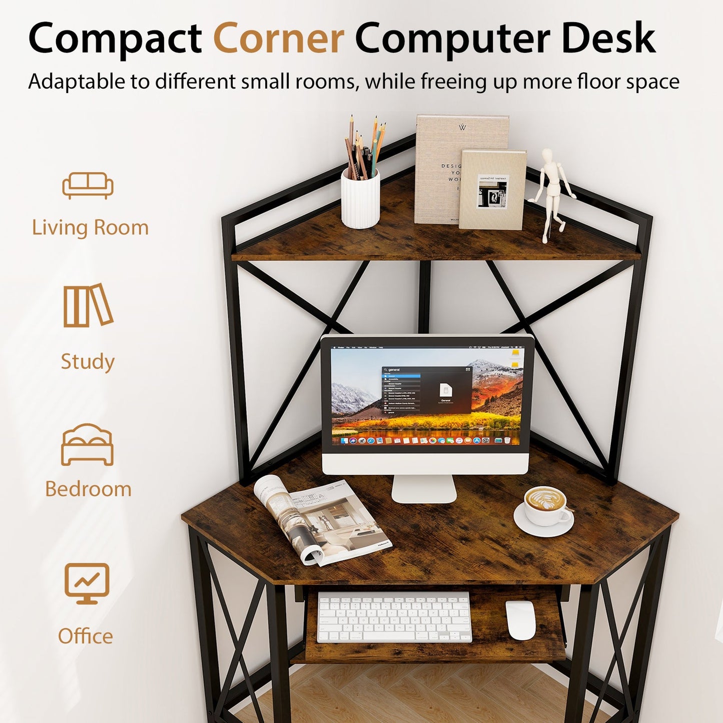 Space-Saving Corner Computer Desk with with Hutch and Keyboard Tray