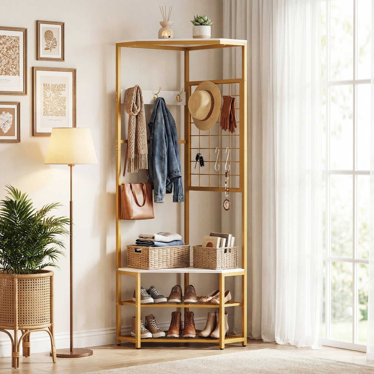 Corner Hall Tree Freestanding Coat Rack with Storage Shelves Removable Hooks