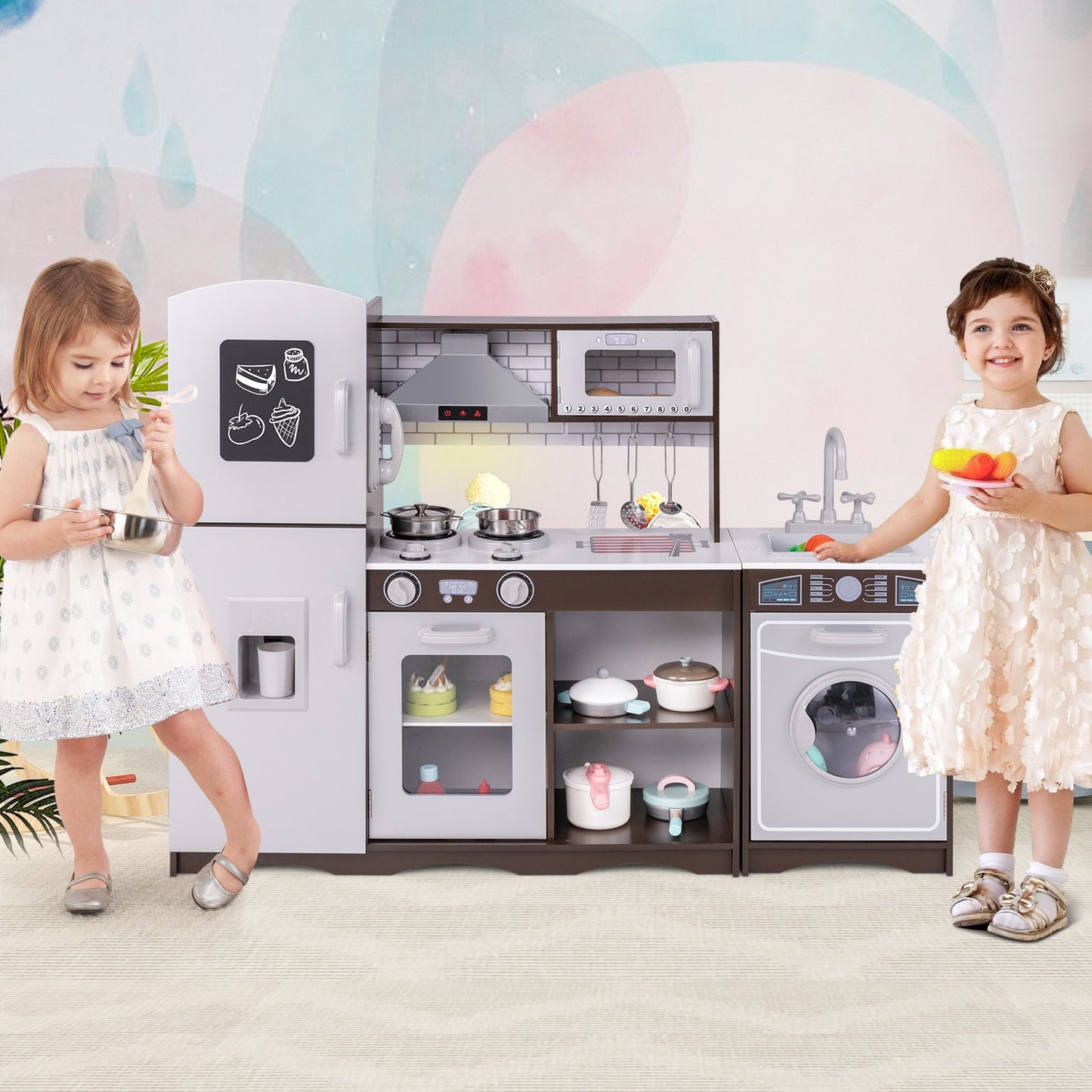 Corner Toy Kitchen Set with Light with Sounds Interactive-Dark Brown