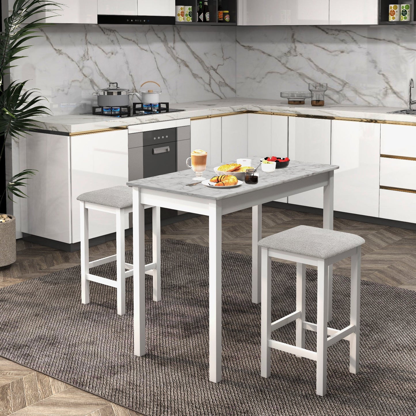 Counter-Height Dining Table and 2 Upholstered Bar Stools