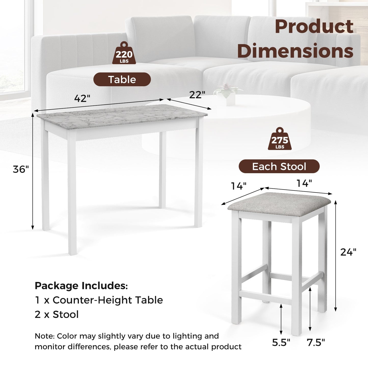 Counter-Height Dining Table and 2 Upholstered Bar Stools