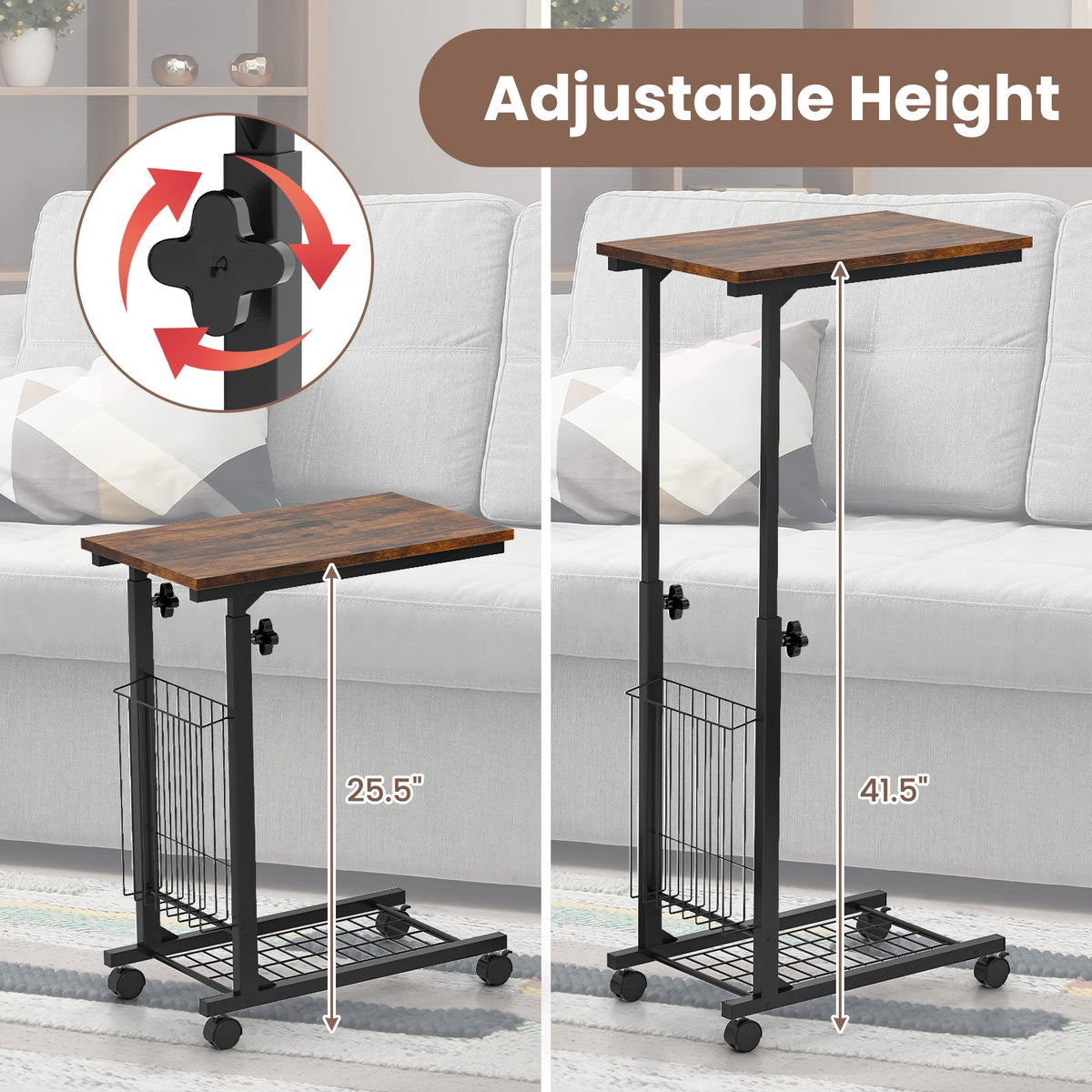 C-shape Sofa Side Table with Storage Basket-Rustic Brown