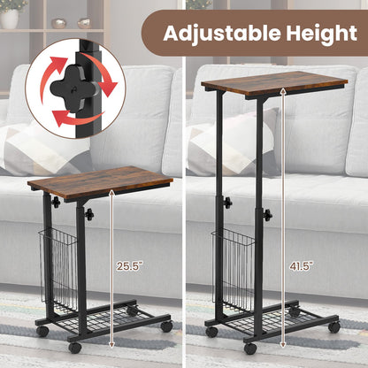 C-shape Sofa Side Table with Storage Basket-Rustic Brown
