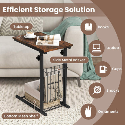 C-shape Sofa Side Table with Storage Basket-Rustic Brown