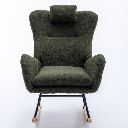 35.5-inch soft Teddy fabric rocking chair with pockets, comfortable wing straps, secure solid wood base (dark green)