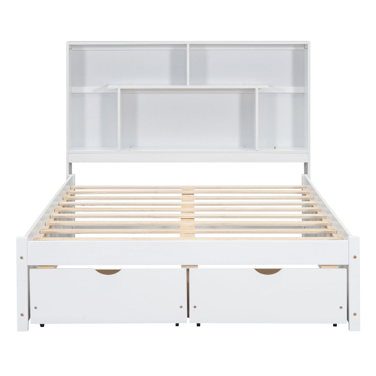 Full Size Platform Bed with Storage Headboard and 2 Drawers, White