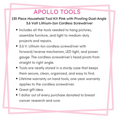 New and Improved 135 Piece Pink Household Tool Set with Pivoting Dual-Angle 3.6 Volt Lithium-Ion Cordless Screwdriver in Hard Case - DT0774P