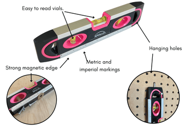PINK 9-inch torpedo-shaped spirit level for 180/90/45 degrees leveling--  DT5019P