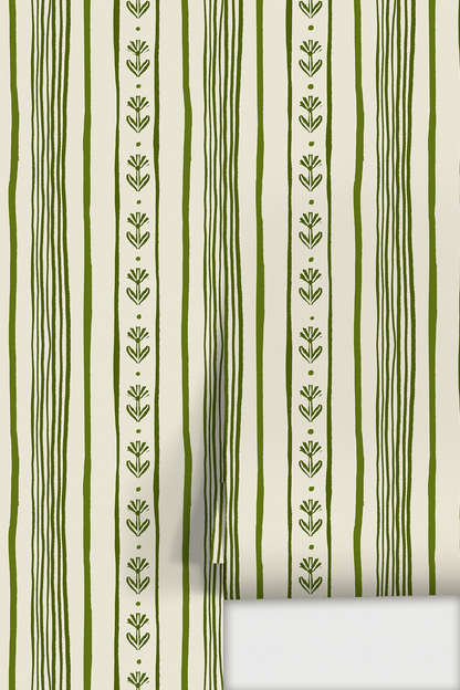 Daisy Chain Stripe Wallpaper, beige and green