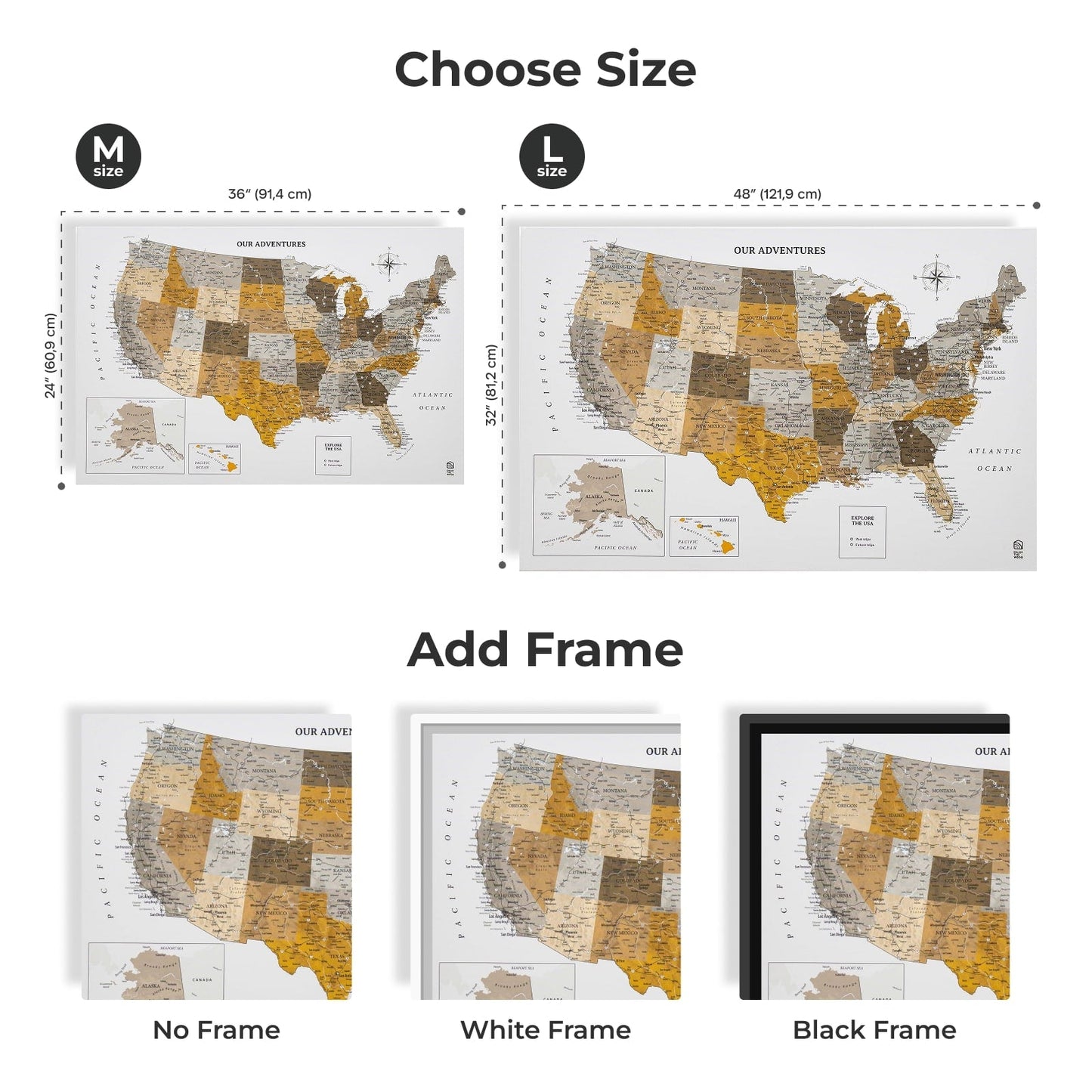 Wooden Canvas USA Map - Desert