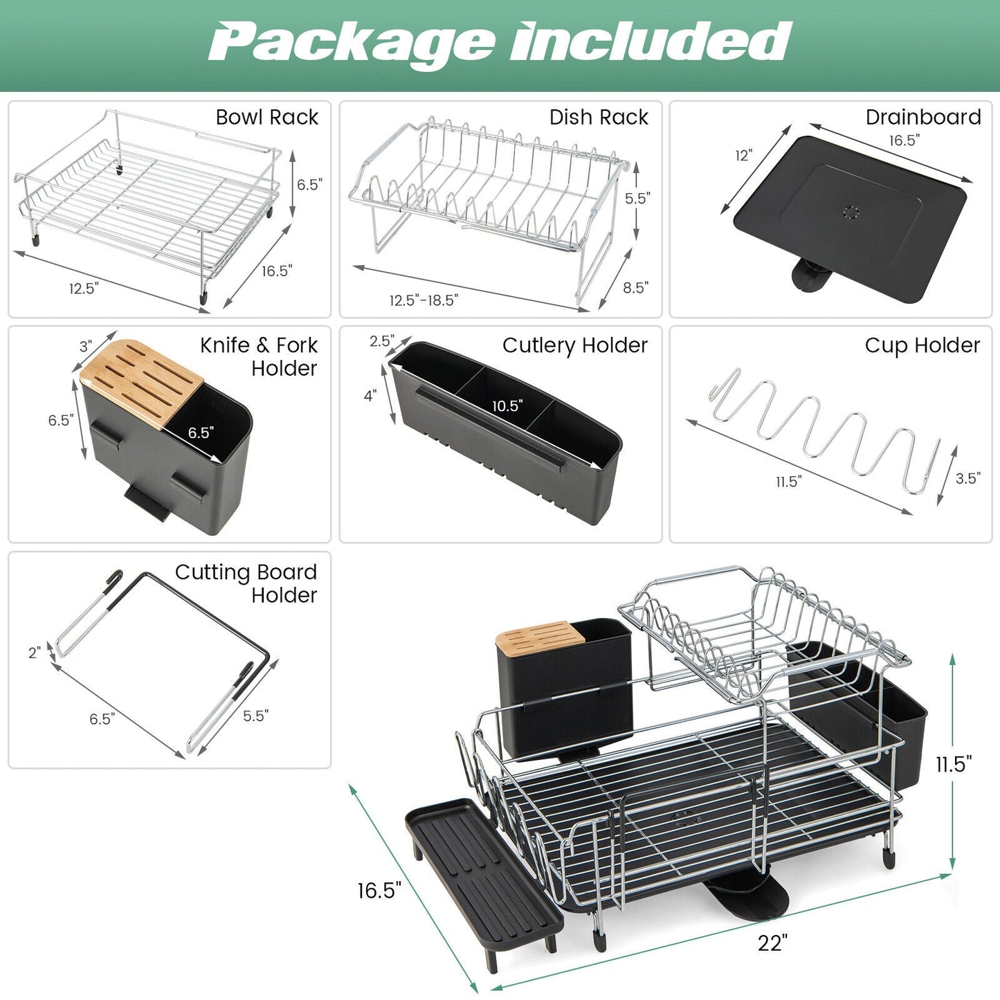 2-Tier Detachable Dish Rack with Drainboard and 360¬∞ Swivel Spout