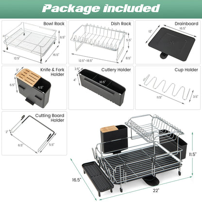 2-Tier Detachable Dish Rack with Drainboard and 360¬∞ Swivel Spout