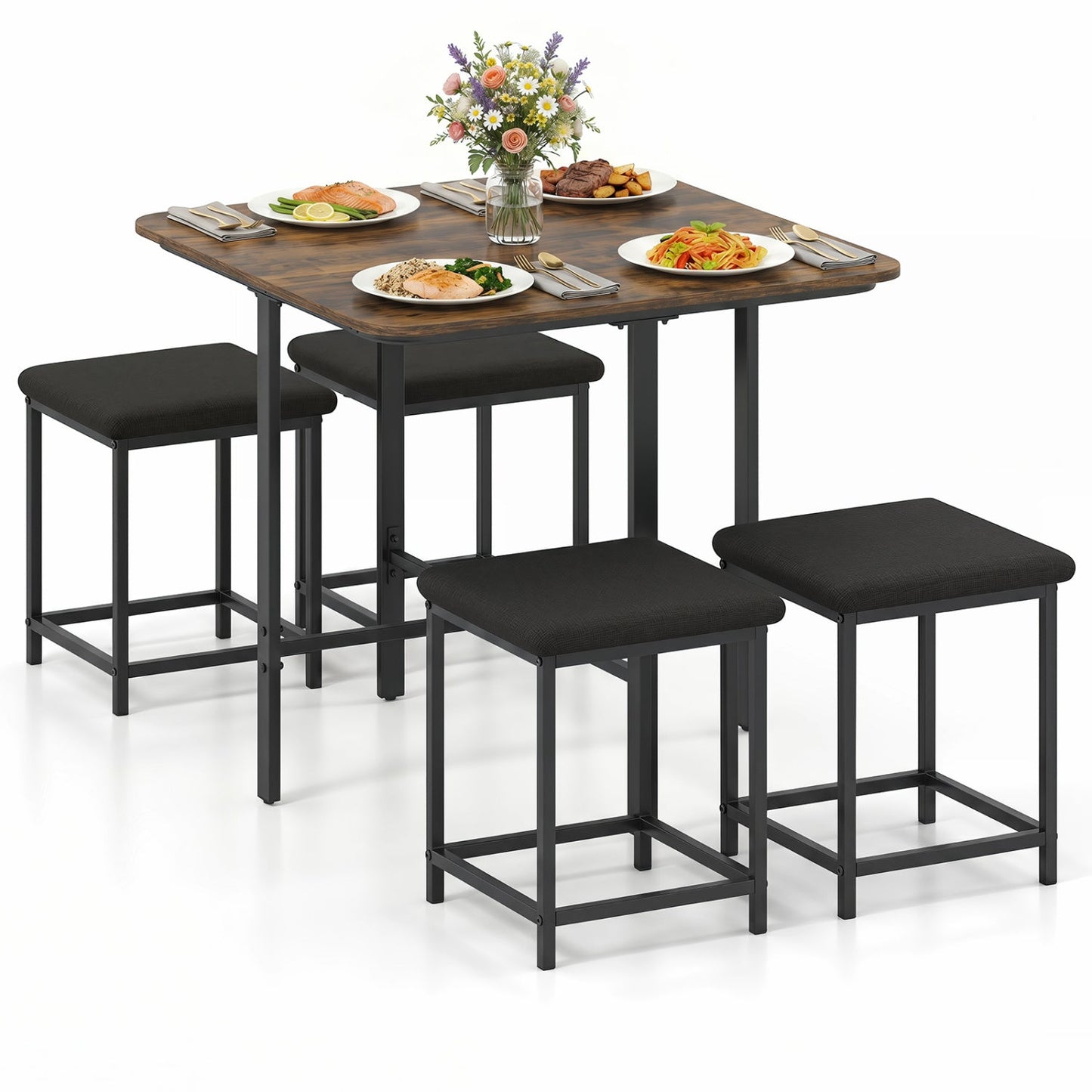 5-Piece Dining Table Set with 4 Upholstered Stools