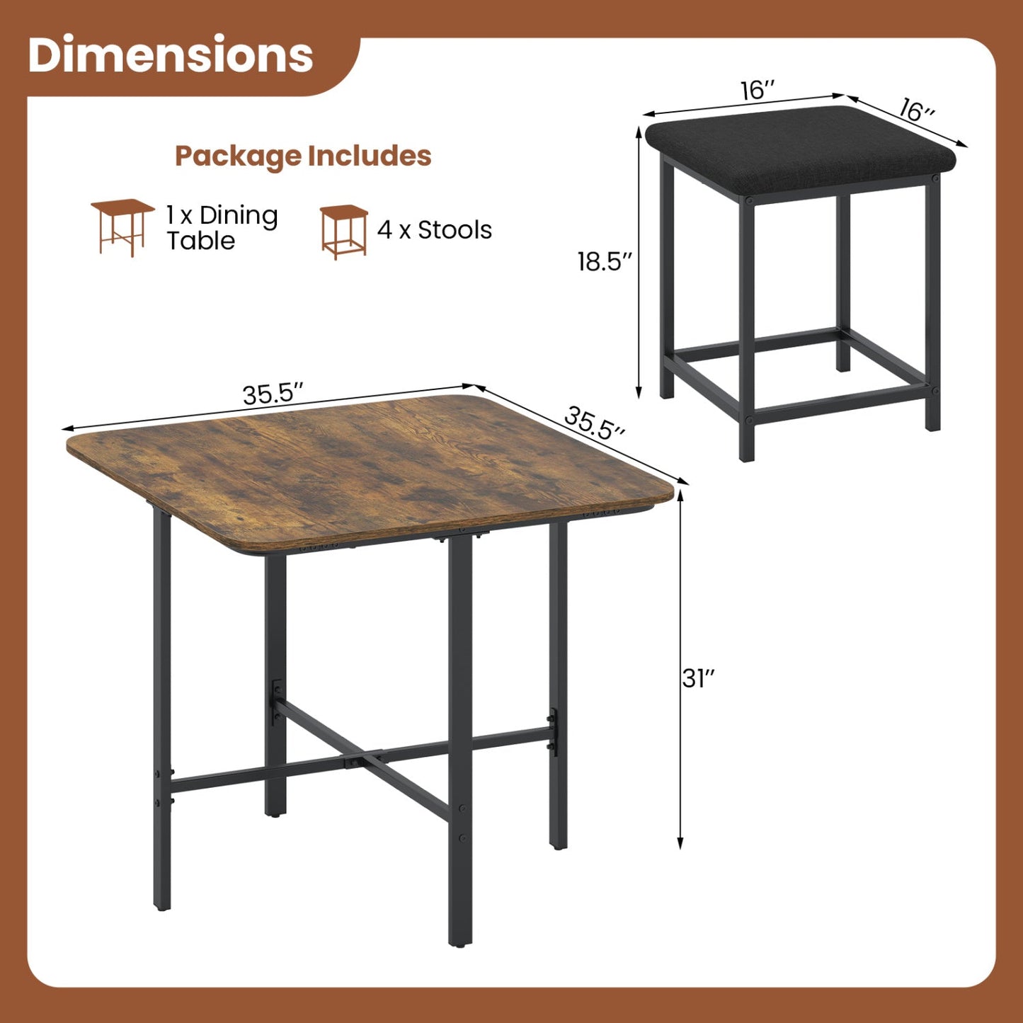 5-Piece Dining Table Set with 4 Upholstered Stools