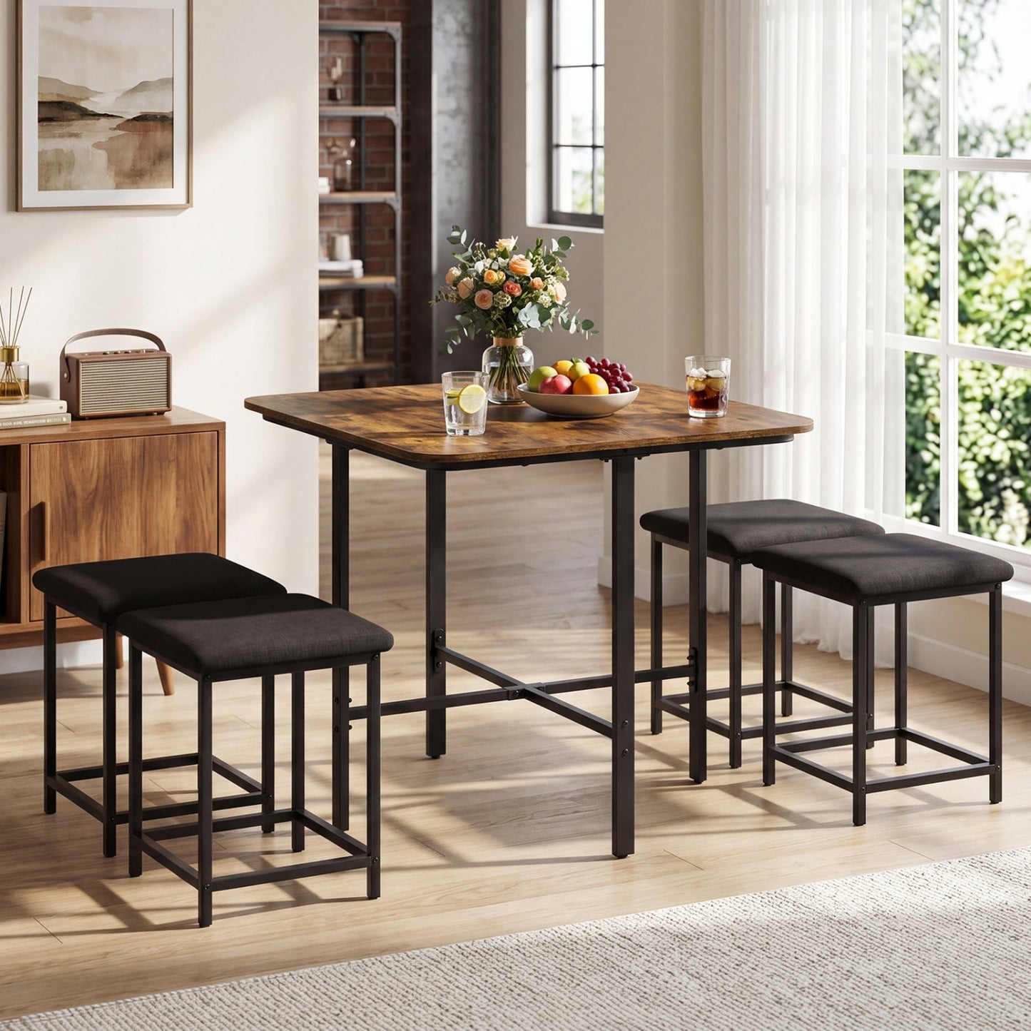 5-Piece Dining Table Set with 4 Upholstered Stools