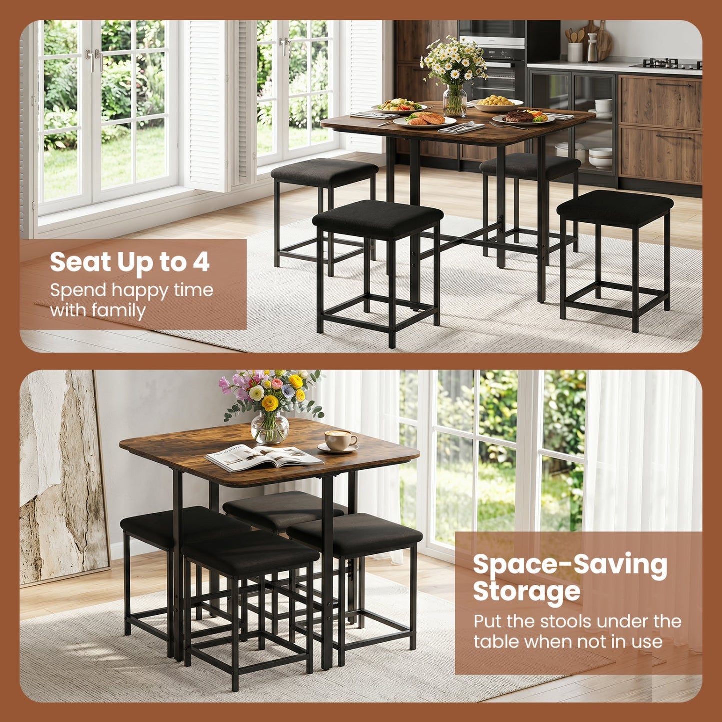 5-Piece Dining Table Set with 4 Upholstered Stools