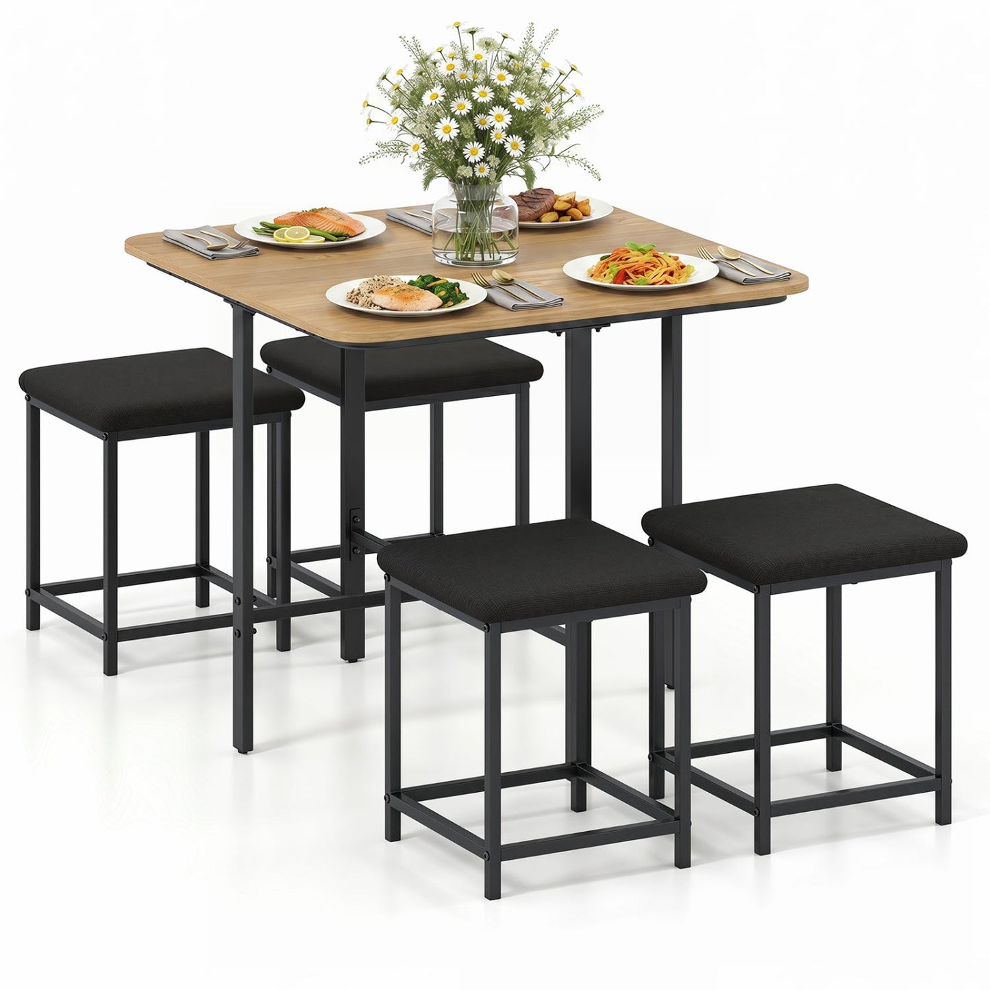 5-Piece Dining Table Set with 4 Upholstered Stools