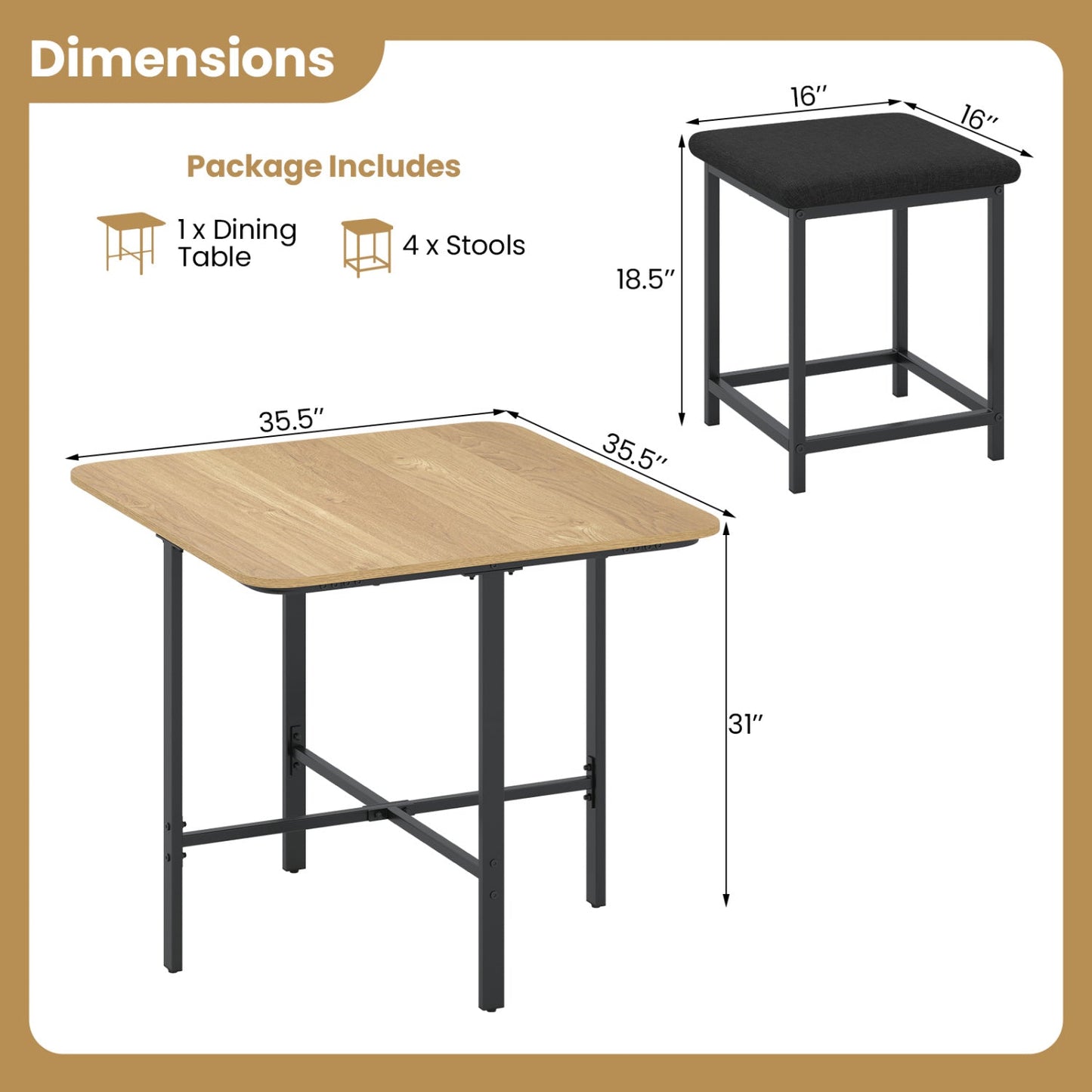 5-Piece Dining Table Set with 4 Upholstered Stools
