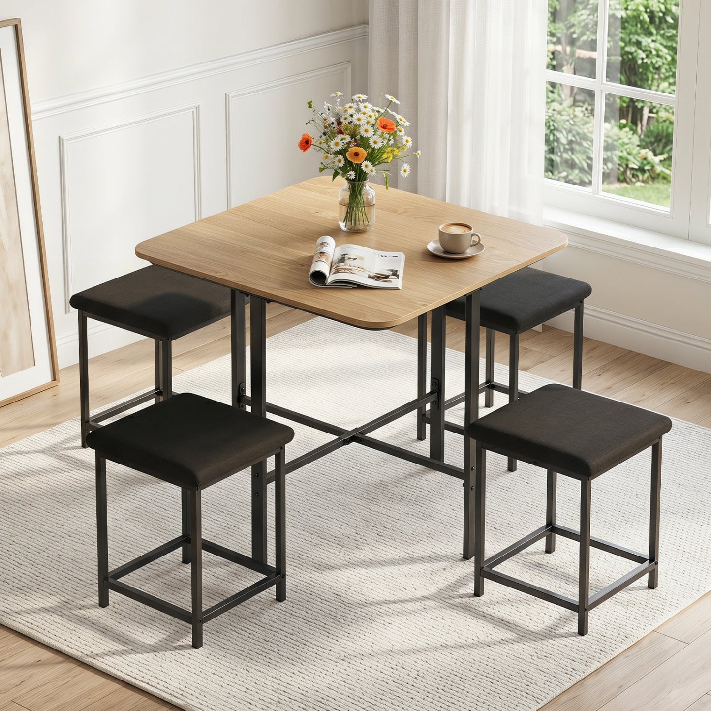 5-Piece Dining Table Set with 4 Upholstered Stools
