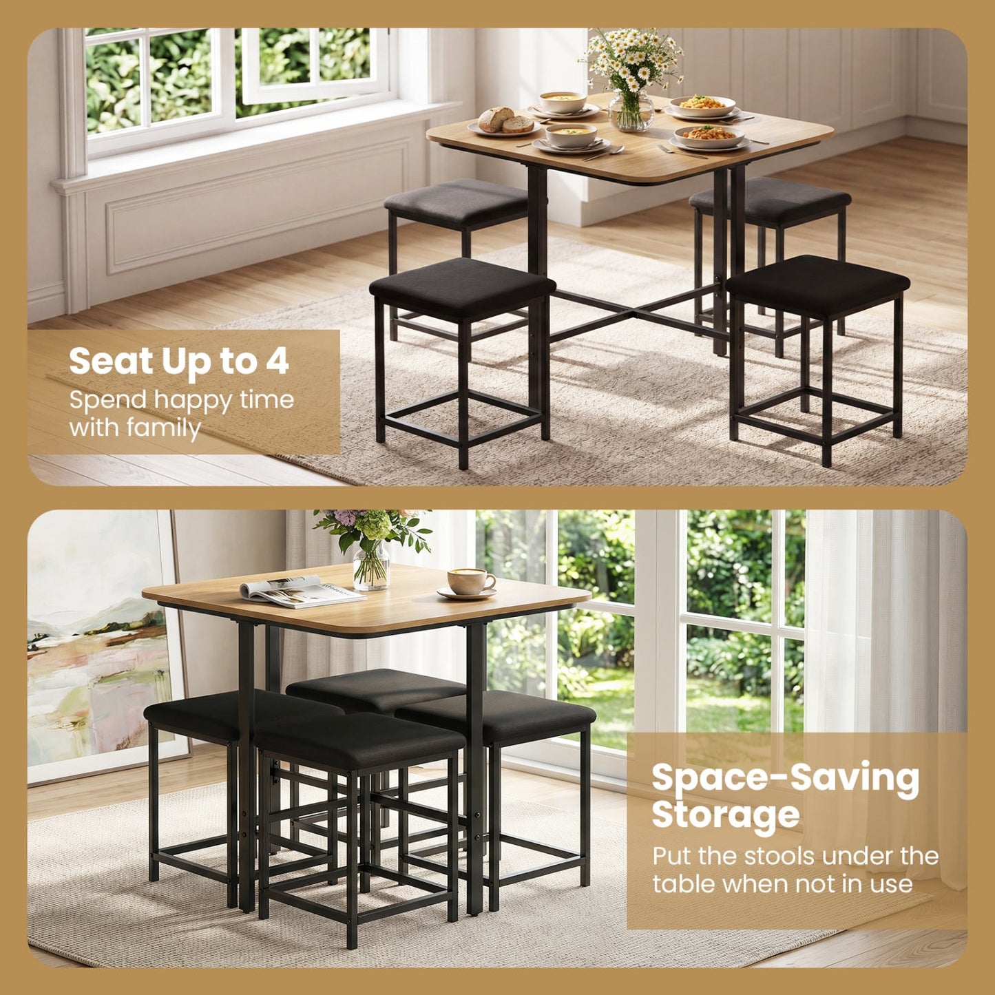 5-Piece Dining Table Set with 4 Upholstered Stools