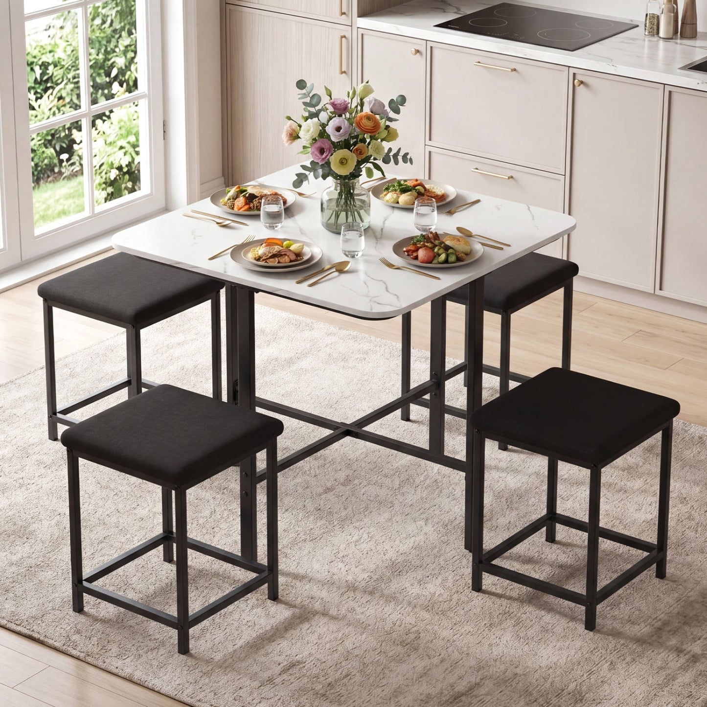 5-Piece Dining Table Set with 4 Upholstered Stools