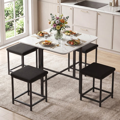 5-Piece Dining Table Set with 4 Upholstered Stools
