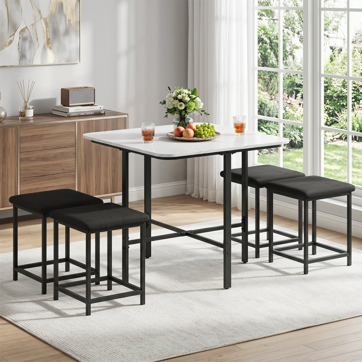 5-Piece Dining Table Set with 4 Upholstered Stools