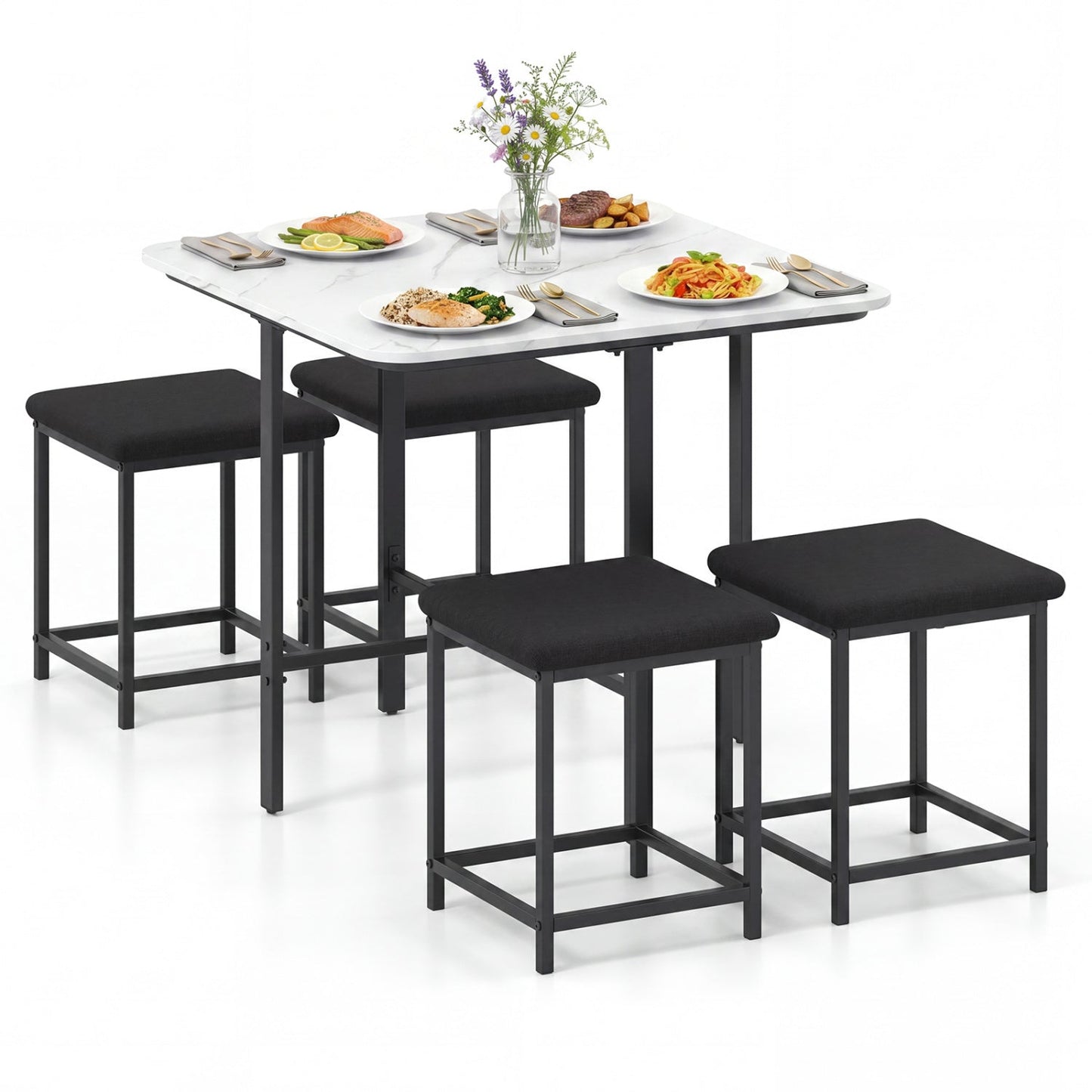 5-Piece Dining Table Set with 4 Upholstered Stools