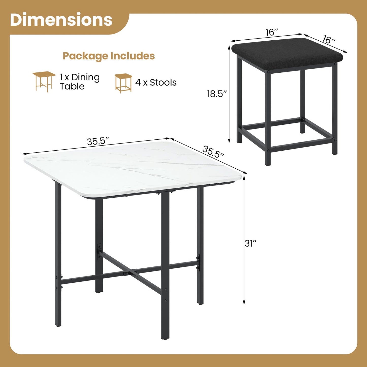 5-Piece Dining Table Set with 4 Upholstered Stools