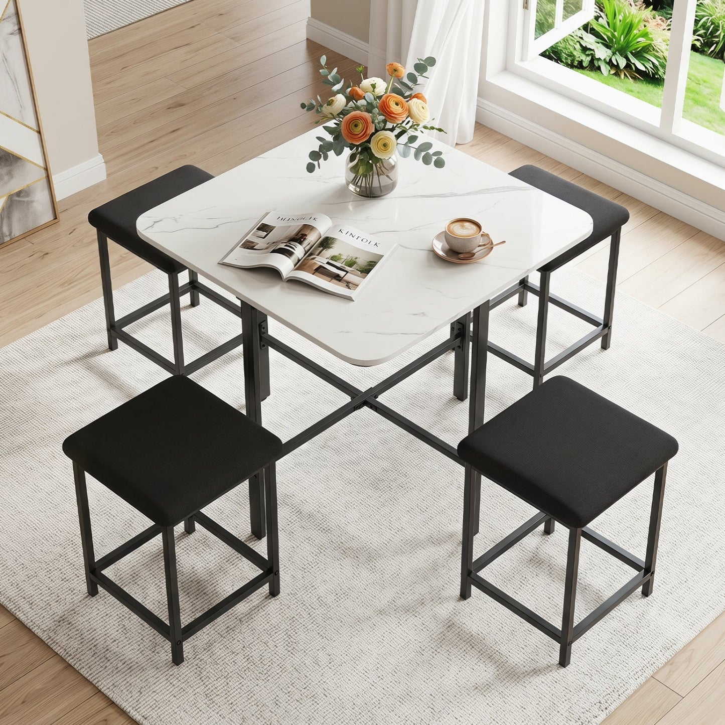 5-Piece Dining Table Set with 4 Upholstered Stools