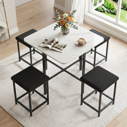 5-Piece Dining Table Set with 4 Upholstered Stools
