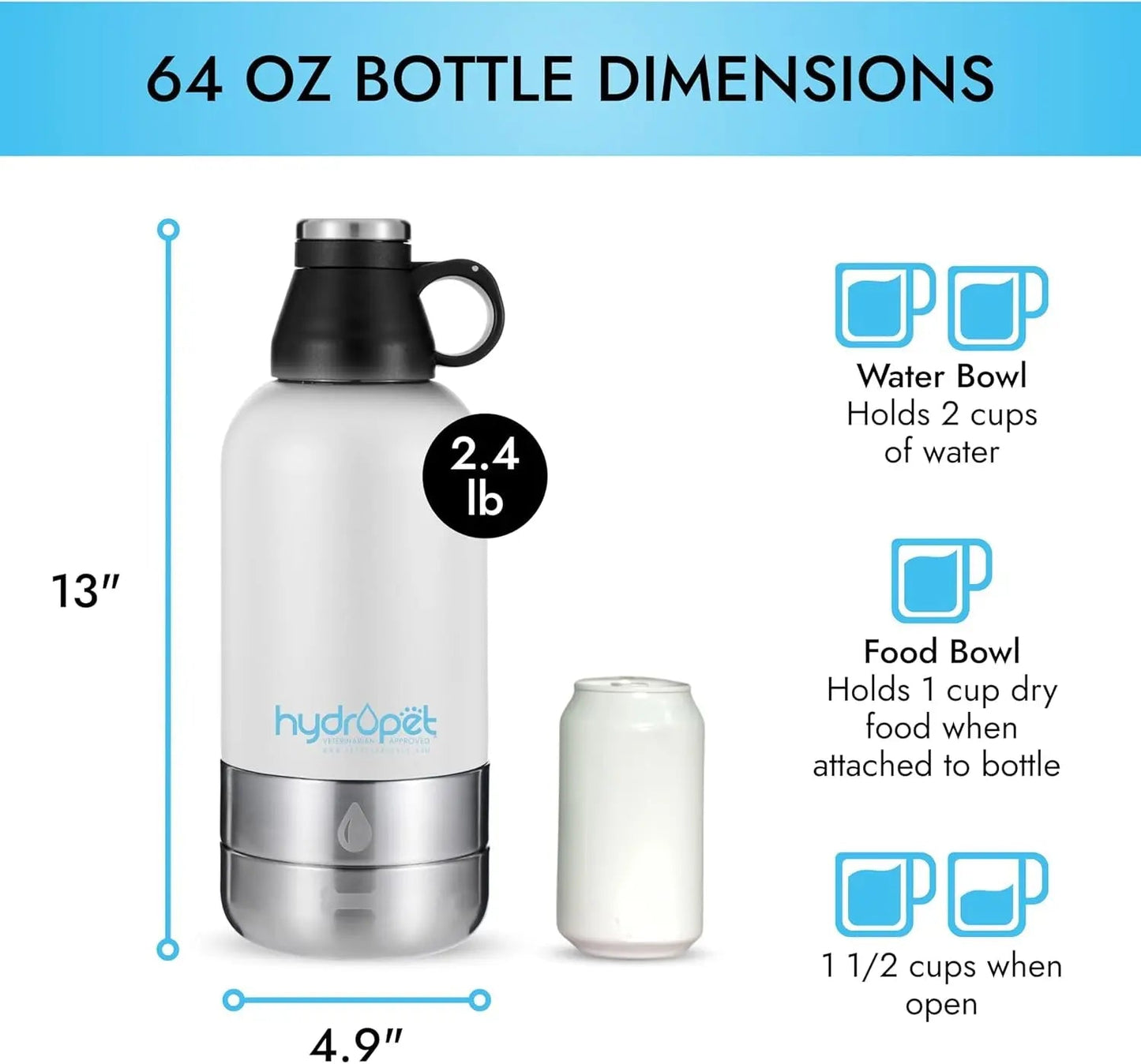 Dog Water Bottle 32/64oz Insulated w Food Bowl Travel